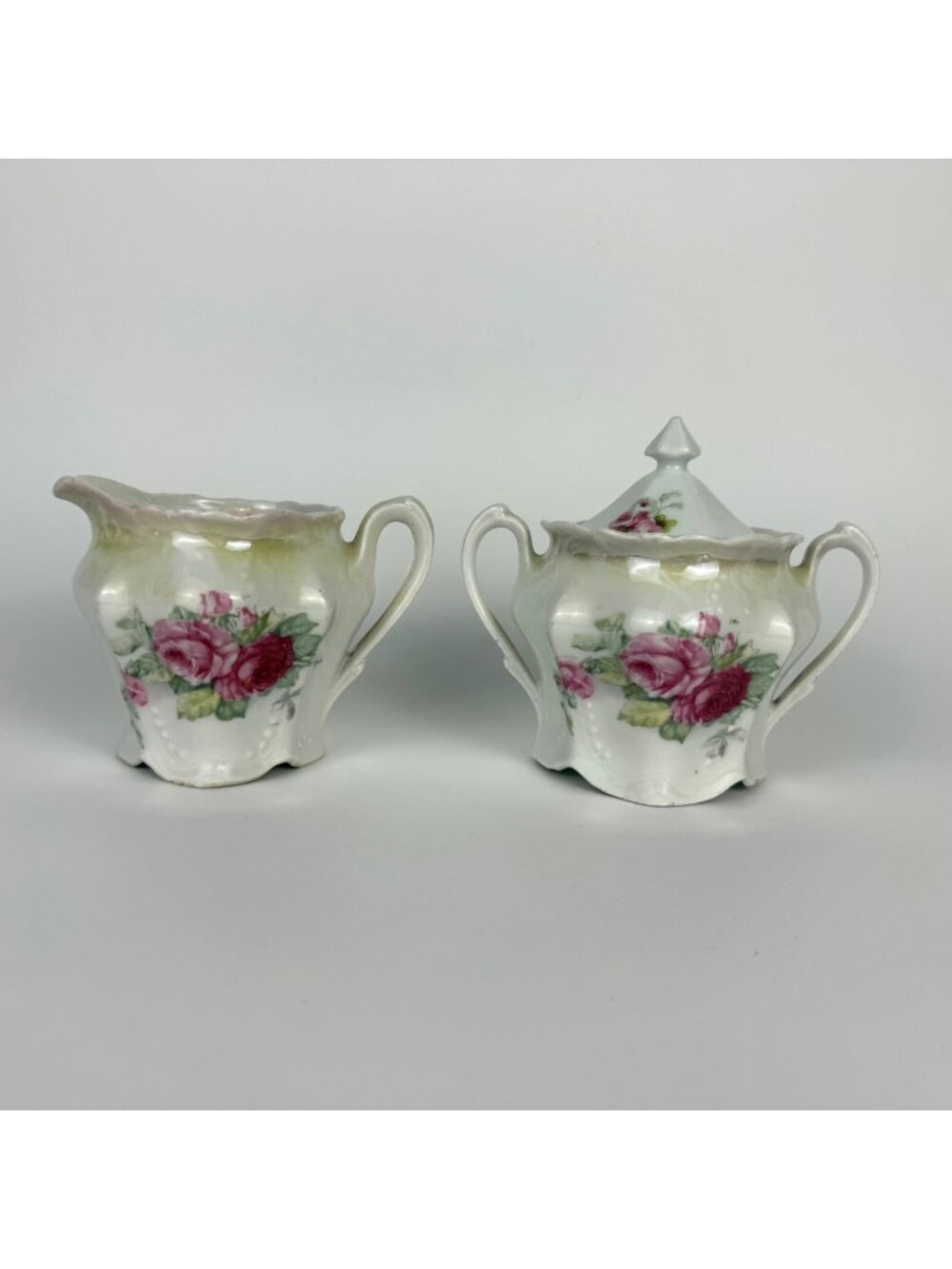 Heinrich & Co. Porcelain Creamer and Sugar Bowl w/ Lid Pink Roses Pattern